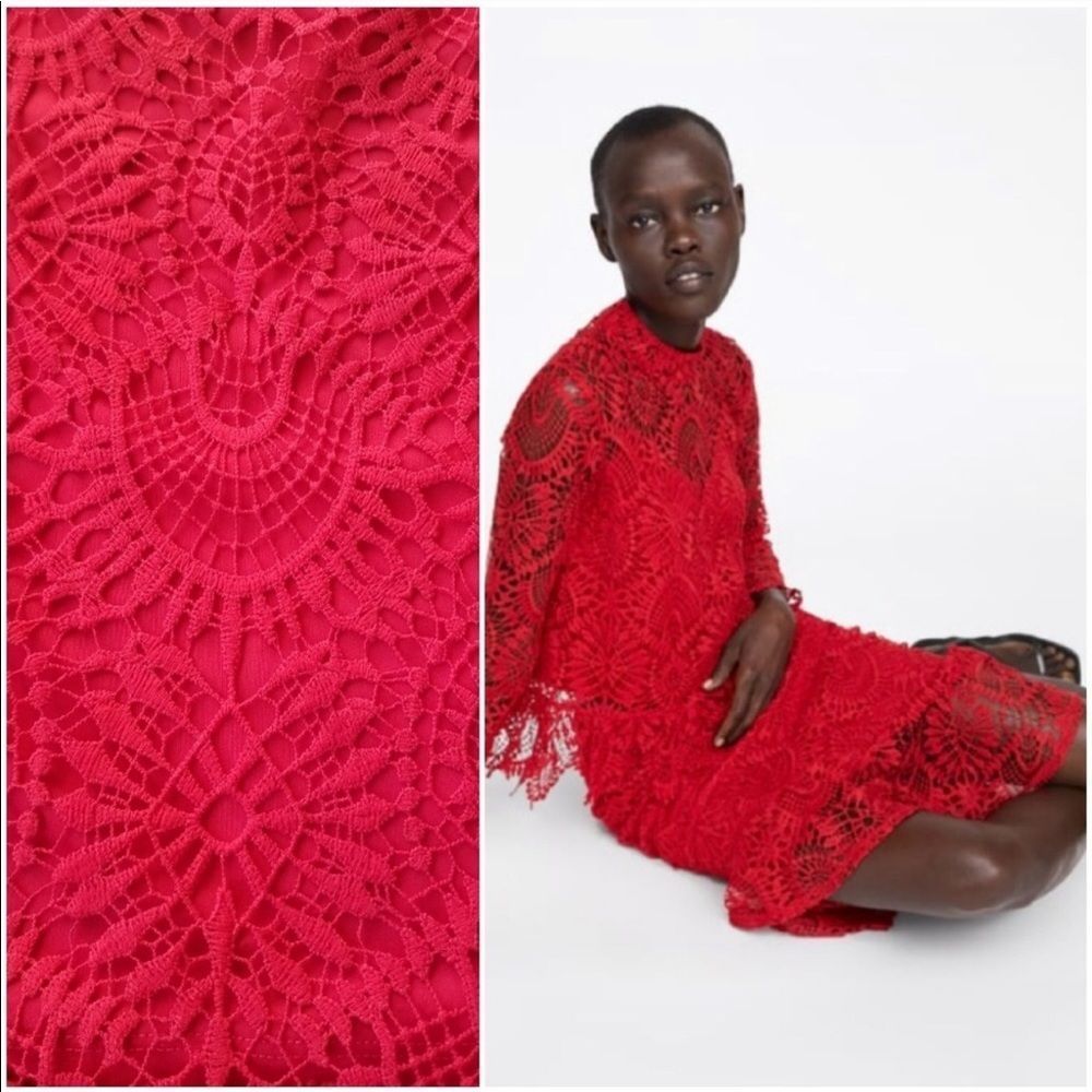 Zara Red Lace Trumpet Midi Skirt Size Medium - Picture 5 of 10